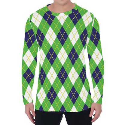 Green Navy And White Argyle Print Men's Long Sleeve T-Shirt
