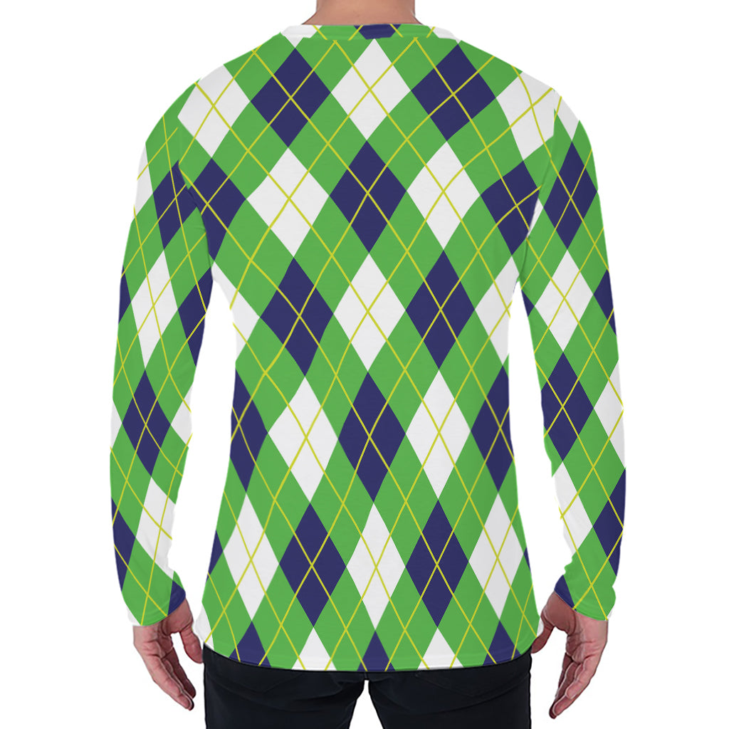 Green Navy And White Argyle Print Men's Long Sleeve T-Shirt