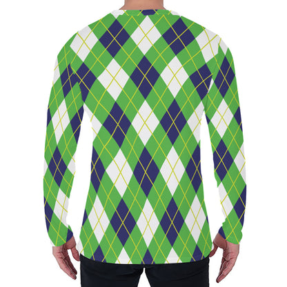 Green Navy And White Argyle Print Men's Long Sleeve T-Shirt