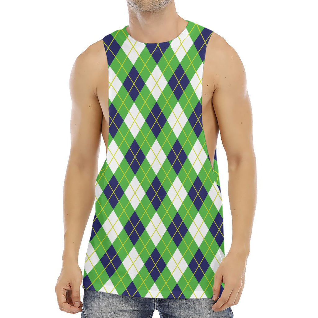 Green Navy And White Argyle Print Men's Muscle Tank Top