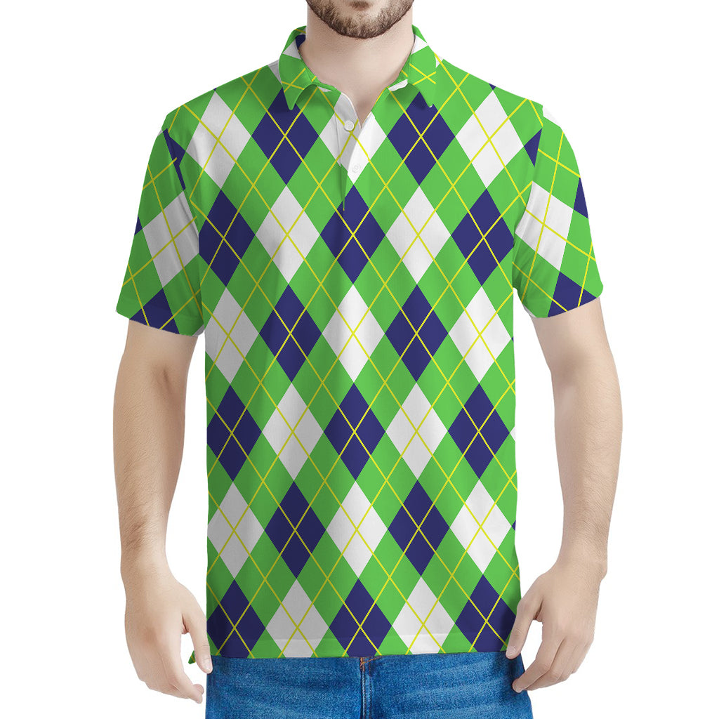 Green Navy And White Argyle Print Men's Polo Shirt