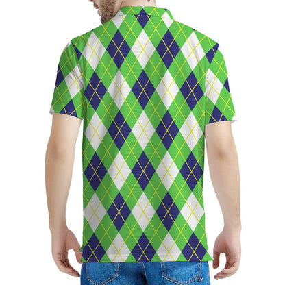Green Navy And White Argyle Print Men's Polo Shirt