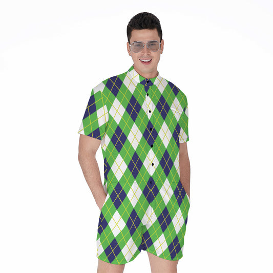 Green Navy And White Argyle Print Men's Rompers