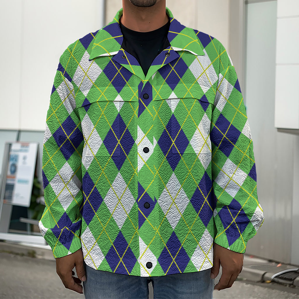 Green Navy And White Argyle Print Men's Shirt Jacket