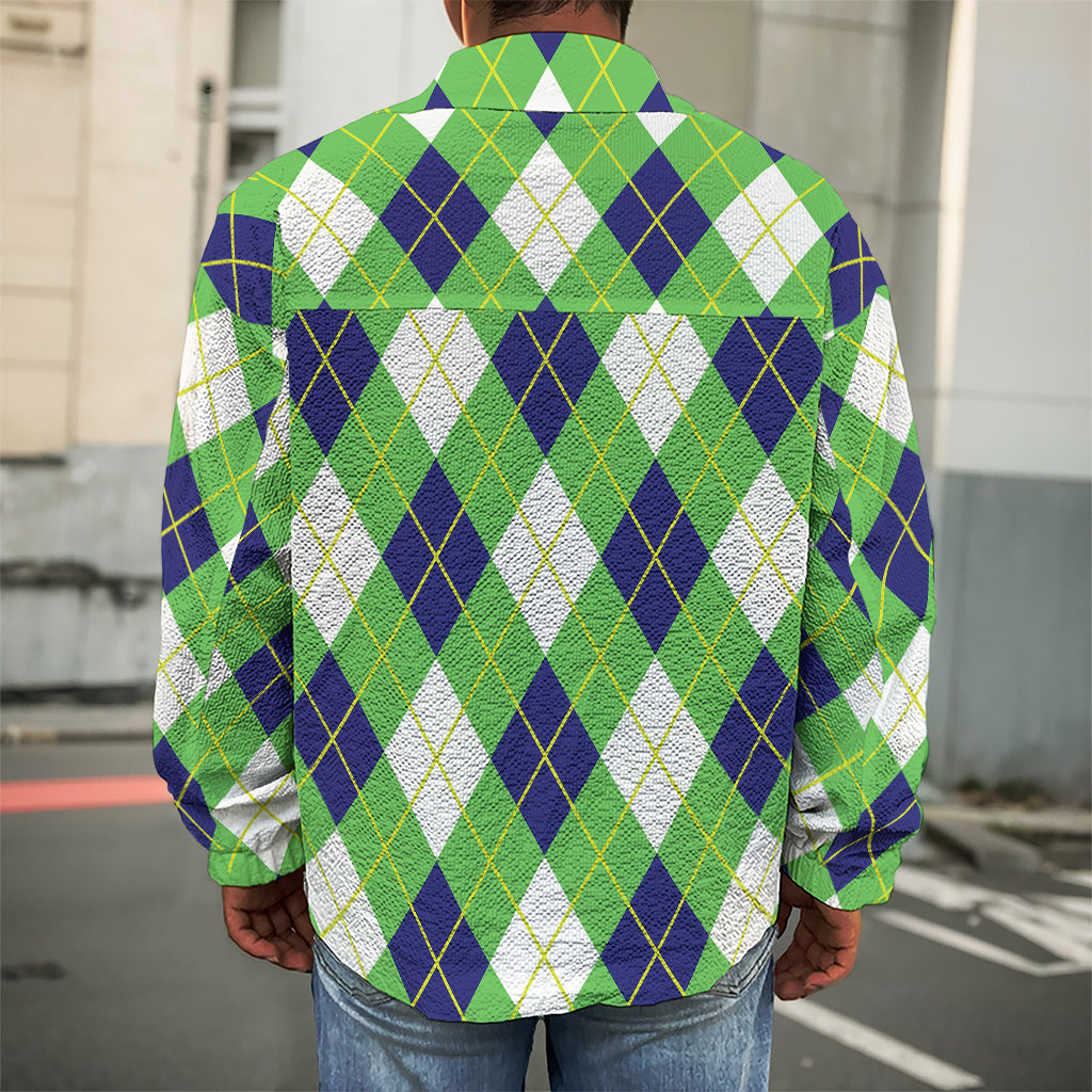 Green Navy And White Argyle Print Men's Shirt Jacket