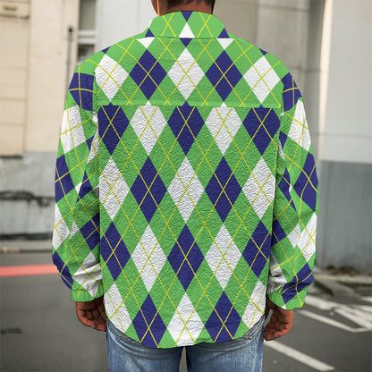 Green Navy And White Argyle Print Men's Shirt Jacket