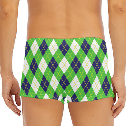 Green Navy And White Argyle Print Men's Short Boxer Briefs