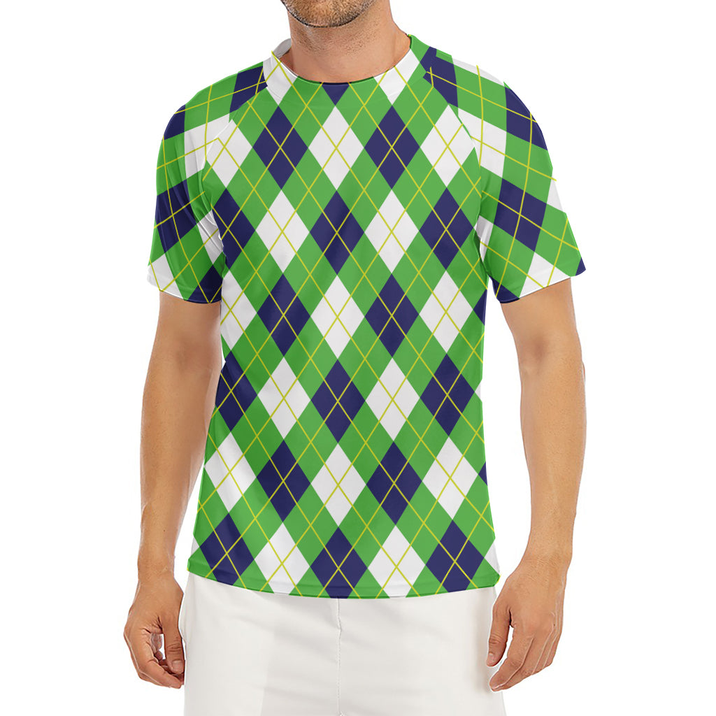 Green Navy And White Argyle Print Men's Short Sleeve Rash Guard