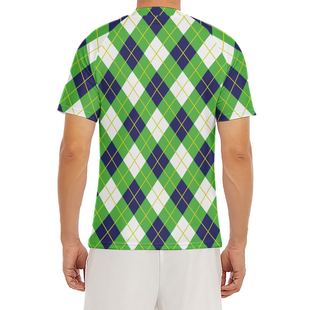Green Navy And White Argyle Print Men's Short Sleeve Rash Guard