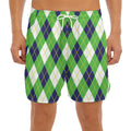 Green Navy And White Argyle Print Men's Split Running Shorts