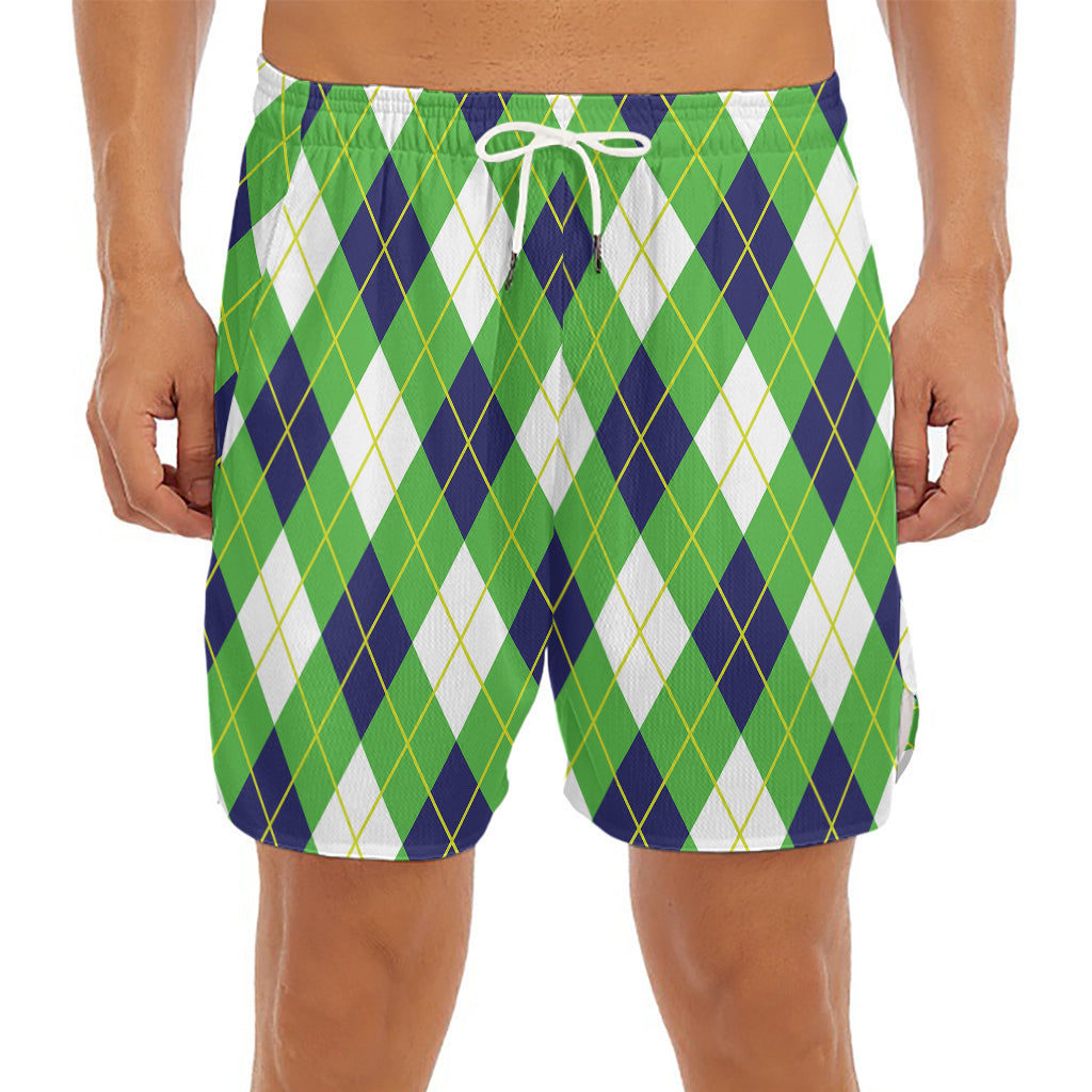 Green Navy And White Argyle Print Men's Split Running Shorts
