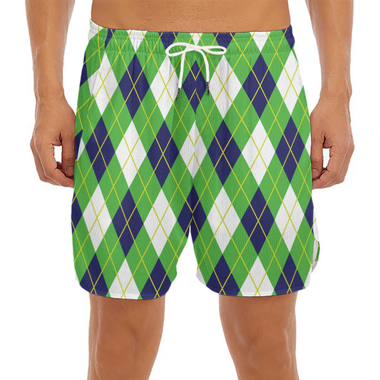Green Navy And White Argyle Print Men's Split Running Shorts