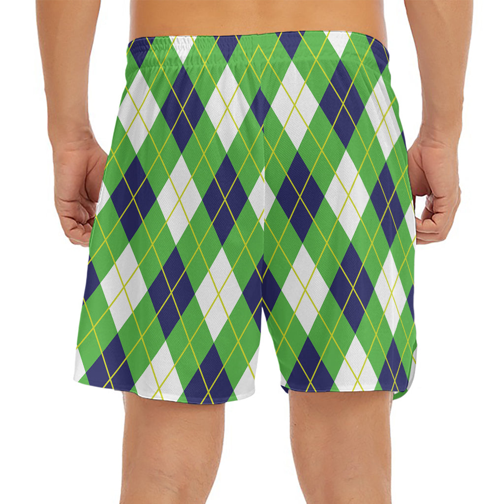 Green Navy And White Argyle Print Men's Split Running Shorts
