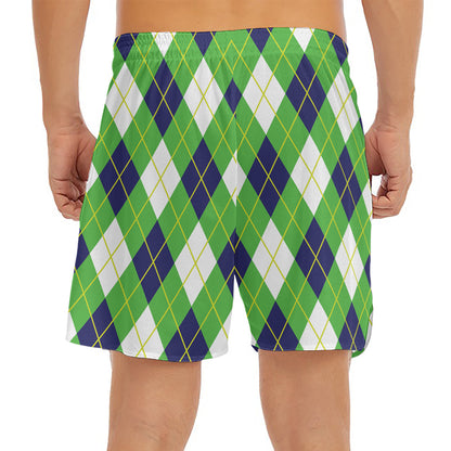 Green Navy And White Argyle Print Men's Split Running Shorts