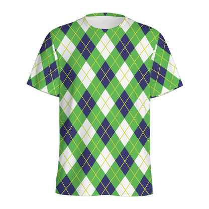 Green Navy And White Argyle Print Men's Sports T-Shirt