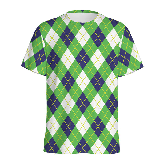 Green Navy And White Argyle Print Men's Sports T-Shirt
