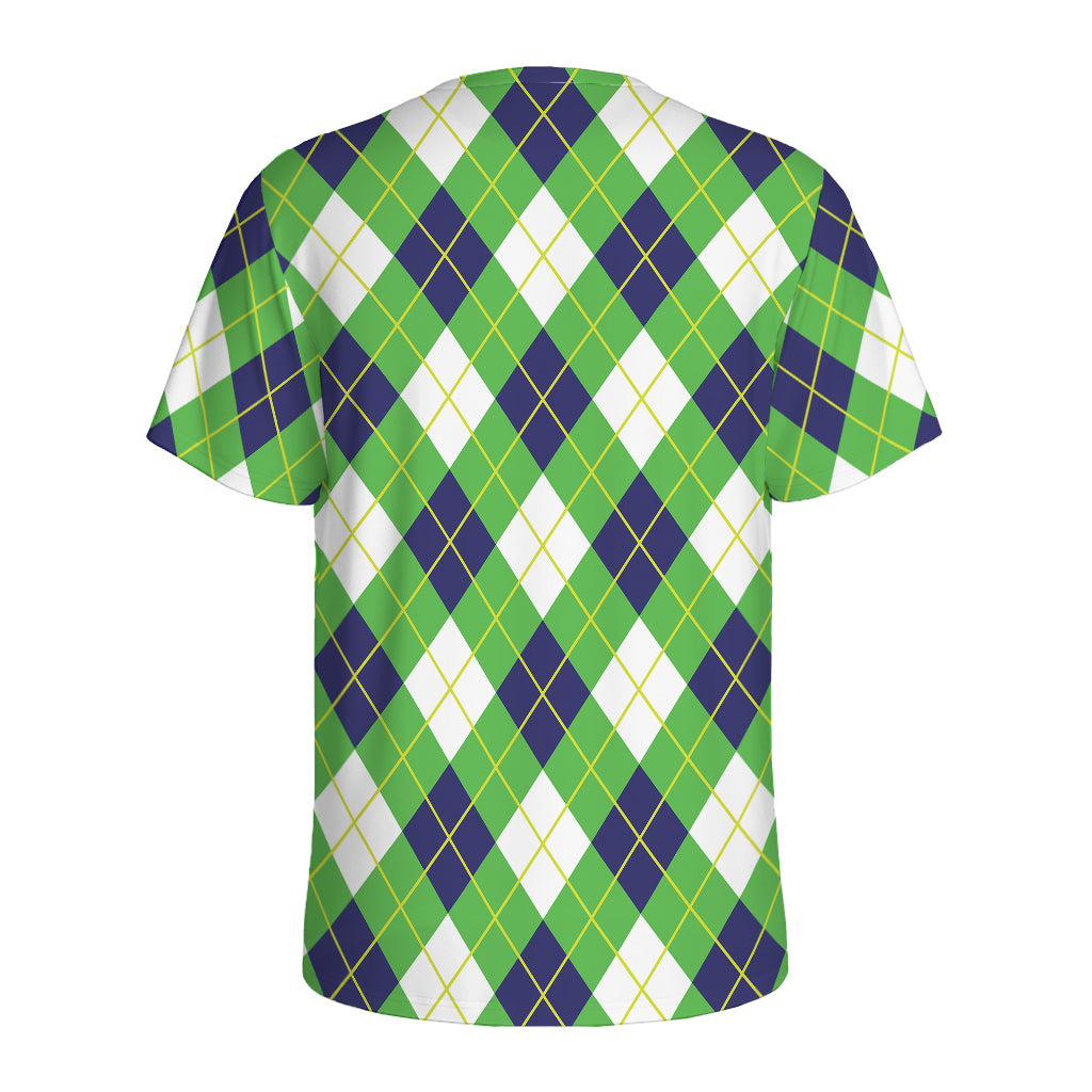 Green Navy And White Argyle Print Men's Sports T-Shirt