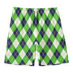 Green Navy And White Argyle Print Men's Swim Trunks