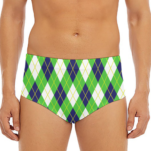 Green Navy And White Argyle Print Men's Triangle Swim Briefs