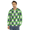 Green Navy And White Argyle Print Men's Velvet Pullover Hoodie