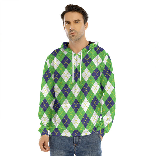 Green Navy And White Argyle Print Men's Velvet Pullover Hoodie