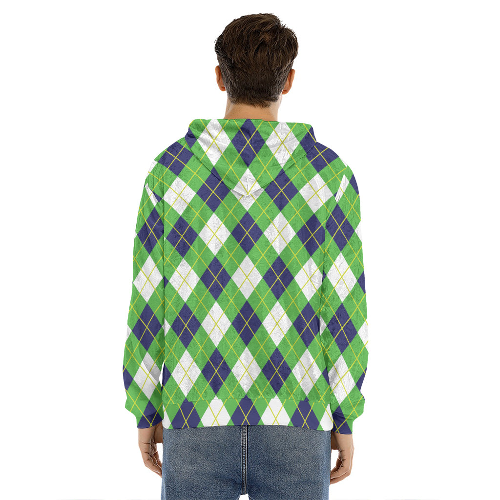 Green Navy And White Argyle Print Men's Velvet Pullover Hoodie