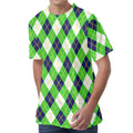 Green Navy And White Argyle Print Men's Velvet T-Shirt