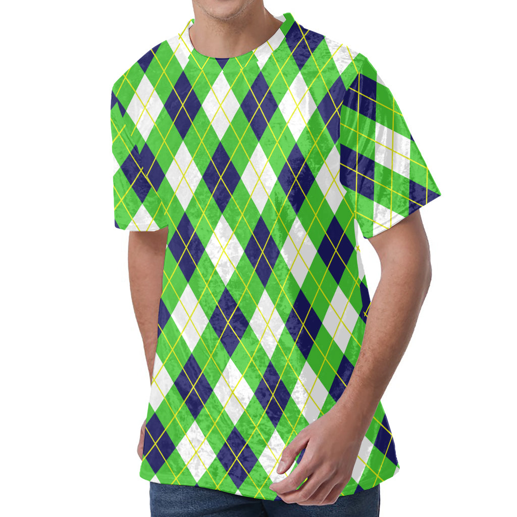 Green Navy And White Argyle Print Men's Velvet T-Shirt