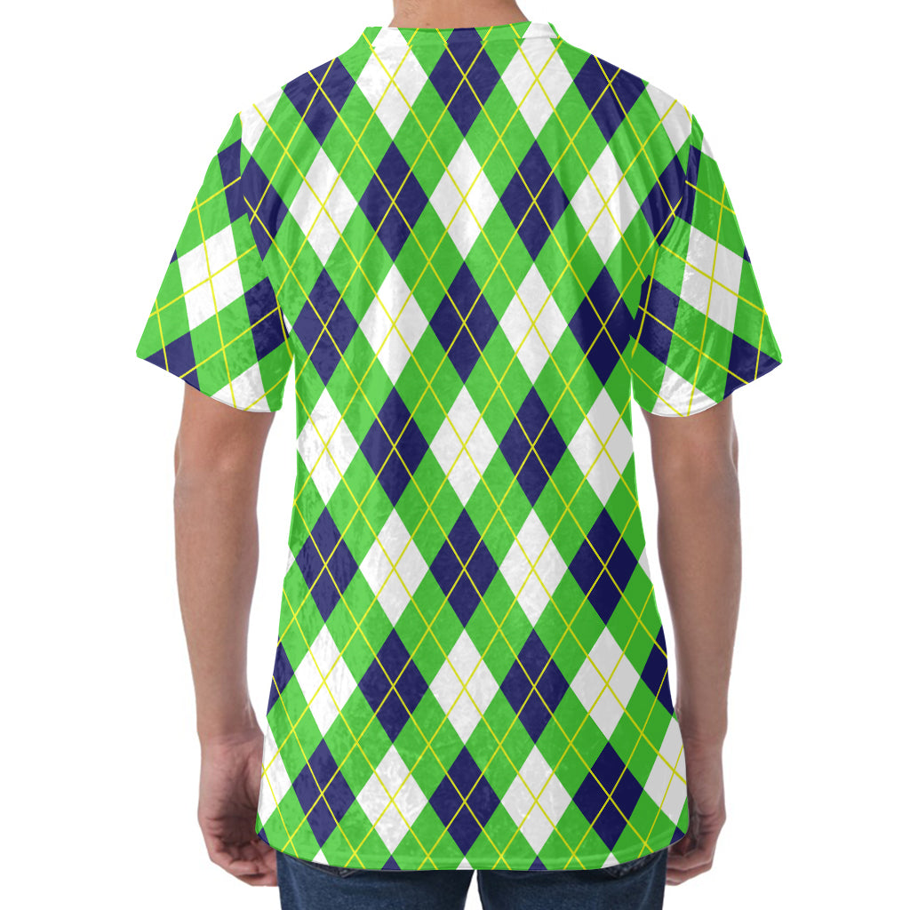 Green Navy And White Argyle Print Men's Velvet T-Shirt
