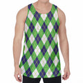 Green Navy And White Argyle Print Men's Velvet Tank Top