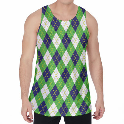 Green Navy And White Argyle Print Men's Velvet Tank Top