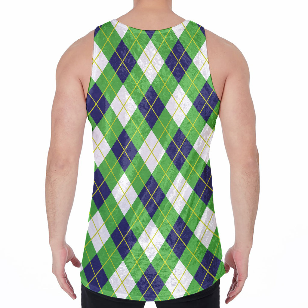 Green Navy And White Argyle Print Men's Velvet Tank Top