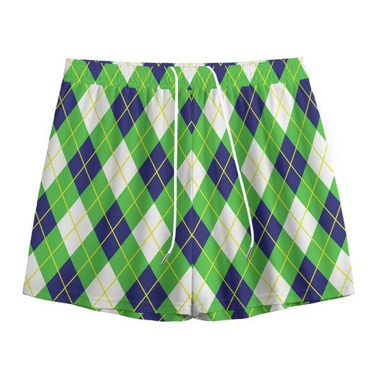 Green Navy And White Argyle Print Mesh Shorts