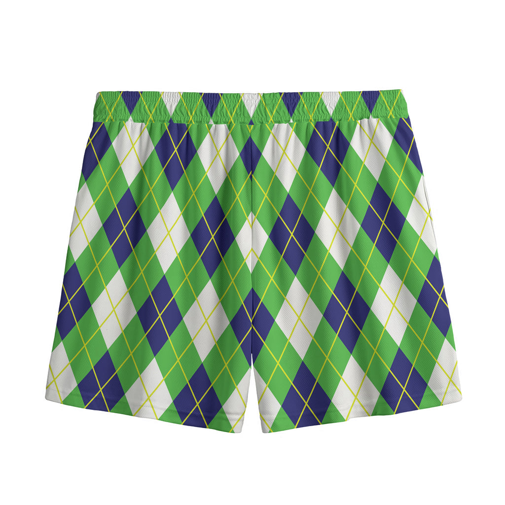 Green Navy And White Argyle Print Mesh Shorts