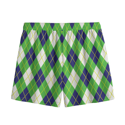 Green Navy And White Argyle Print Mesh Shorts