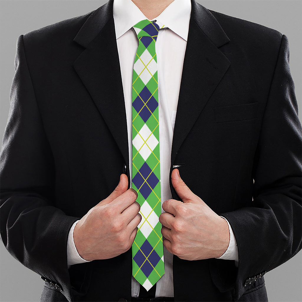 Green Navy And White Argyle Print Necktie