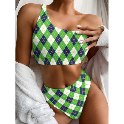 Green Navy And White Argyle Print One Shoulder Bikini Top