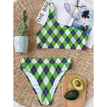 Green Navy And White Argyle Print One Shoulder Bikini Top