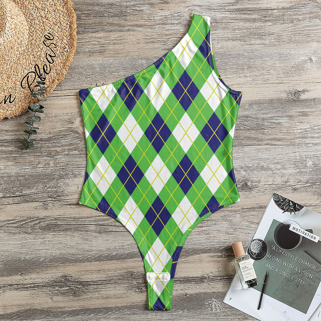 Green Navy And White Argyle Print One Shoulder Bodysuit