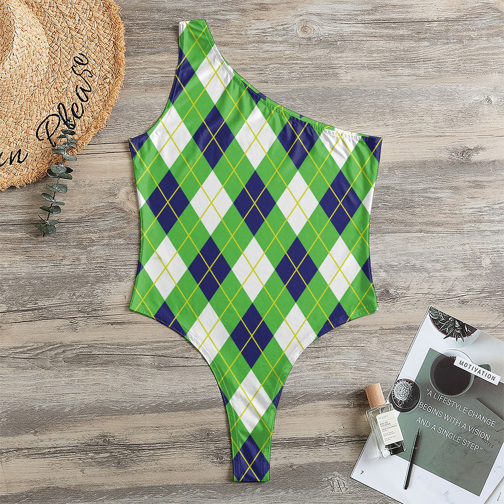 Green Navy And White Argyle Print One Shoulder Bodysuit