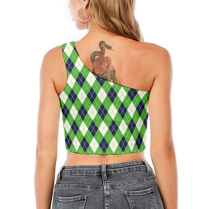 Green Navy And White Argyle Print One Shoulder Crop Top
