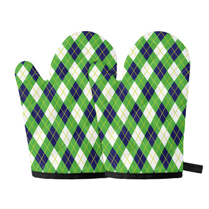 Green Navy And White Argyle Print Oven Mitts