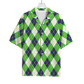 Green Navy And White Argyle Print Rayon Hawaiian Shirt