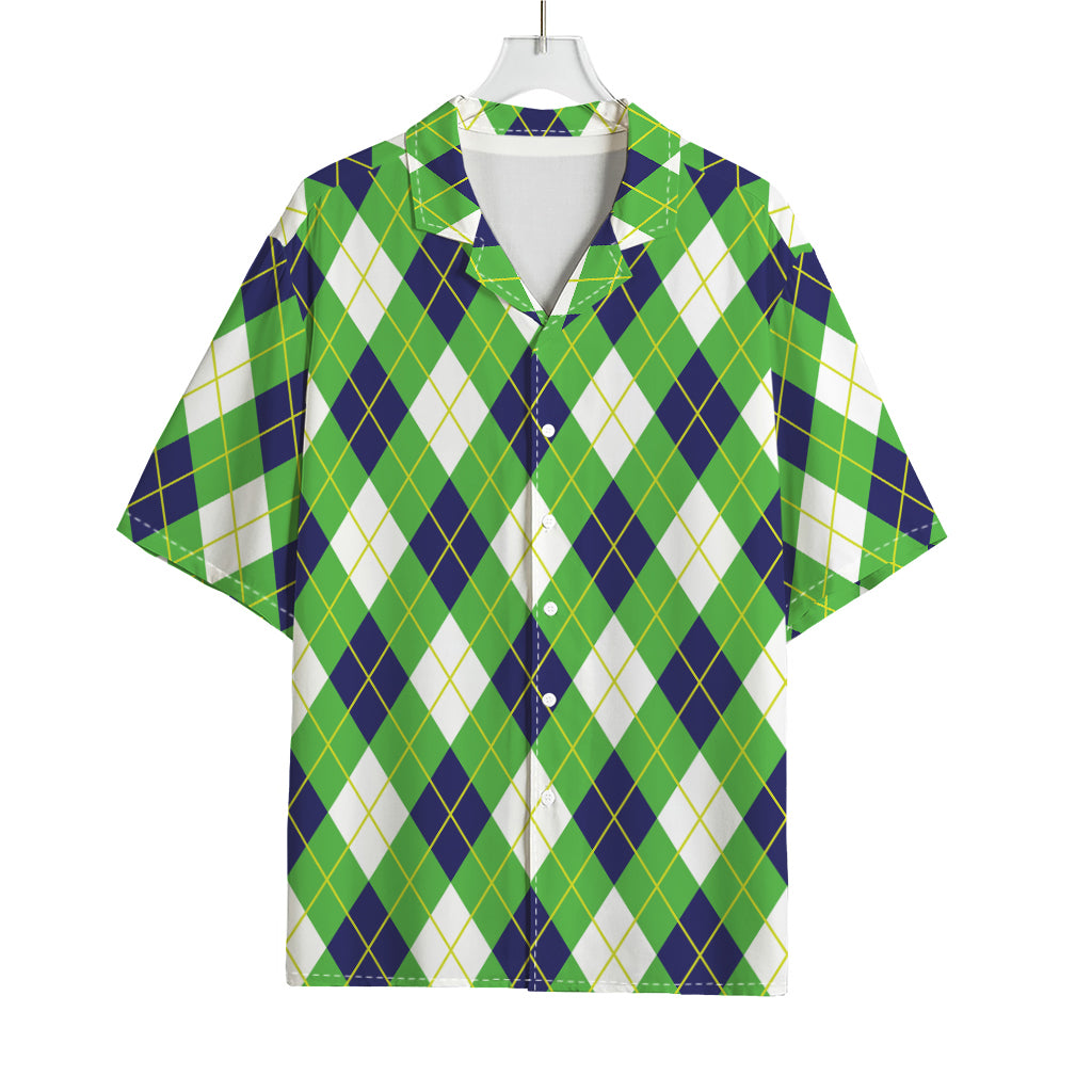Green Navy And White Argyle Print Rayon Hawaiian Shirt