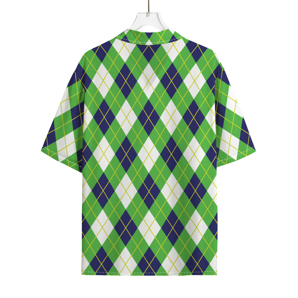 Green Navy And White Argyle Print Rayon Hawaiian Shirt