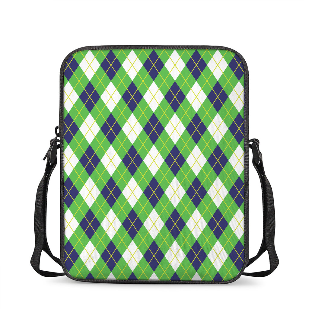 Green Navy And White Argyle Print Rectangular Crossbody Bag