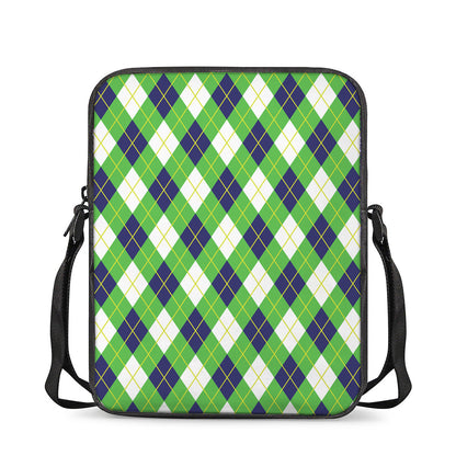 Green Navy And White Argyle Print Rectangular Crossbody Bag