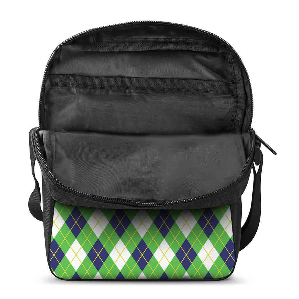 Green Navy And White Argyle Print Rectangular Crossbody Bag