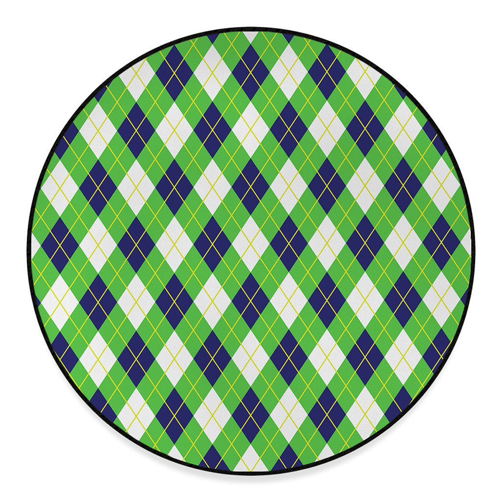 Green Navy And White Argyle Print Round Floor Mat