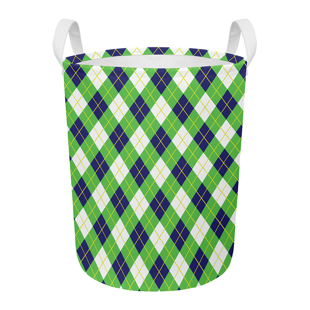 Green Navy And White Argyle Print Round Laundry Basket